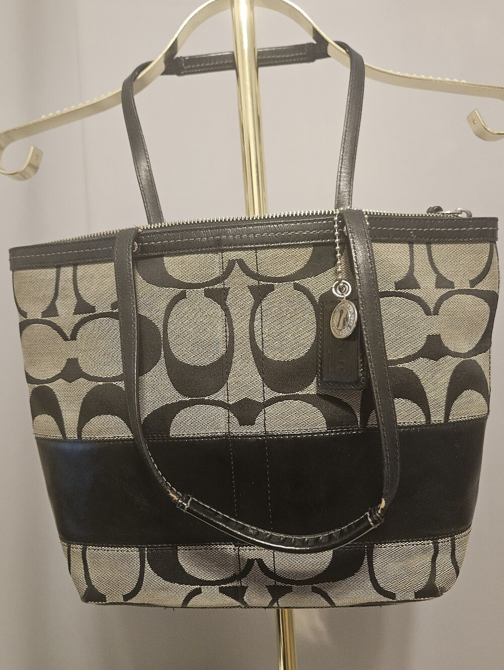 Coach Black and Beige Signature Canvas Tote with Leather Trim
